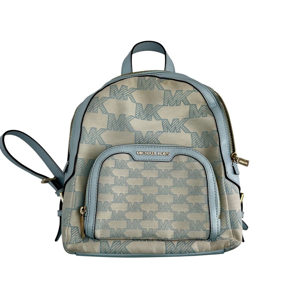Michael Kors Jaycee Medium Backpack Vista Blue MK Logo Canvas Travel Bag Preppy